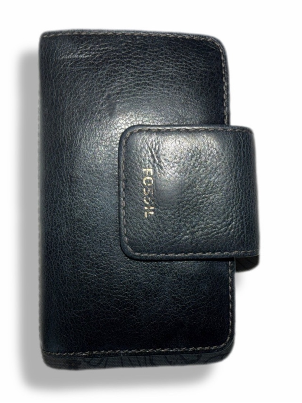 Fossil Navy Blue Leather Tab Wallet Zip Coin Pocket Card Organizer